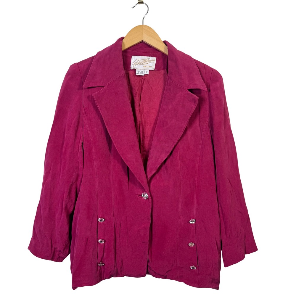 Rickie Freeman T.J. Nites VTG Womens Blazer 12 Dark Pink Silk Jewel Buttons‎